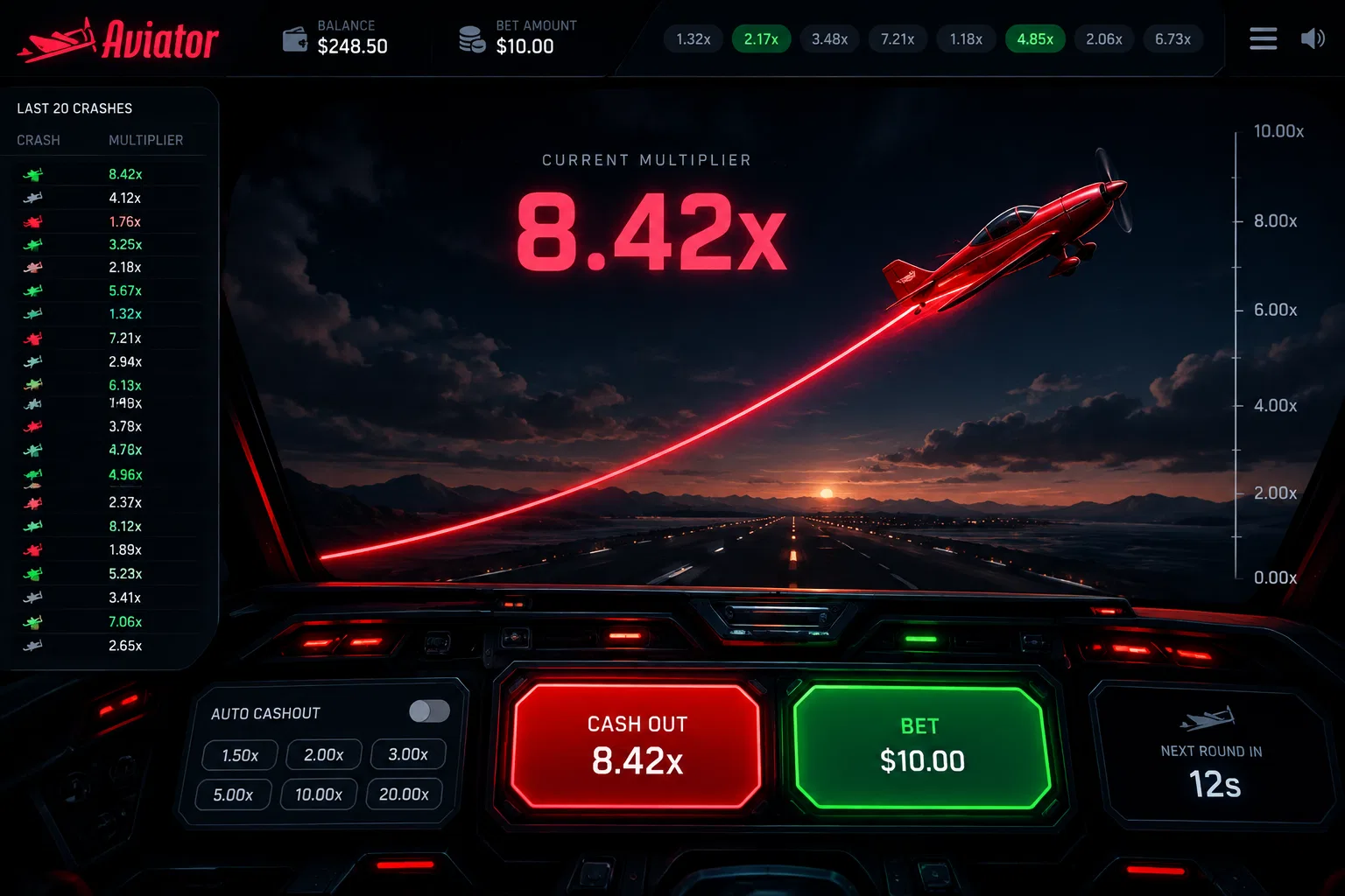 Aviator crash game stylised red airplane climbing a rising multiplier curve