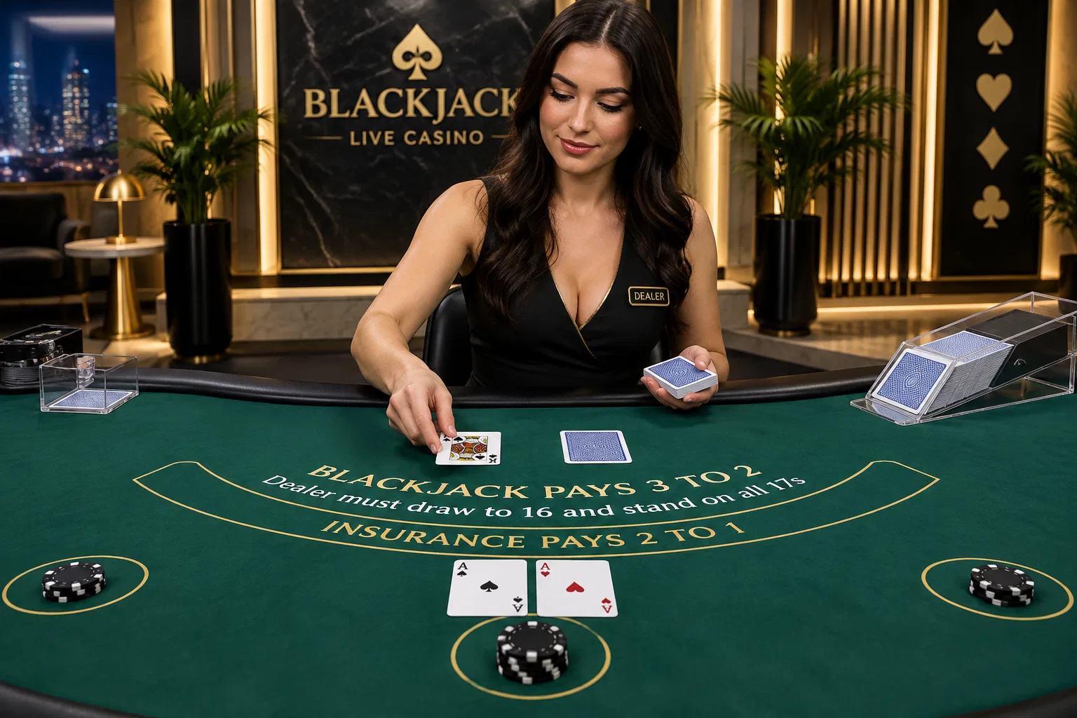 Live dealer Blackjack table with Ace and King cards and stacked chips