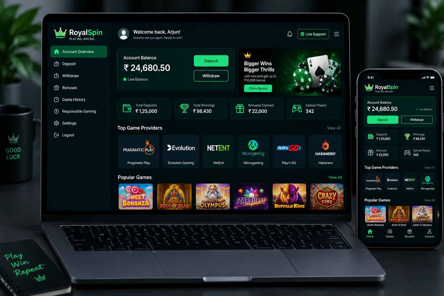 Casino ID player dashboard interface showing balance in Indian rupees and table links
