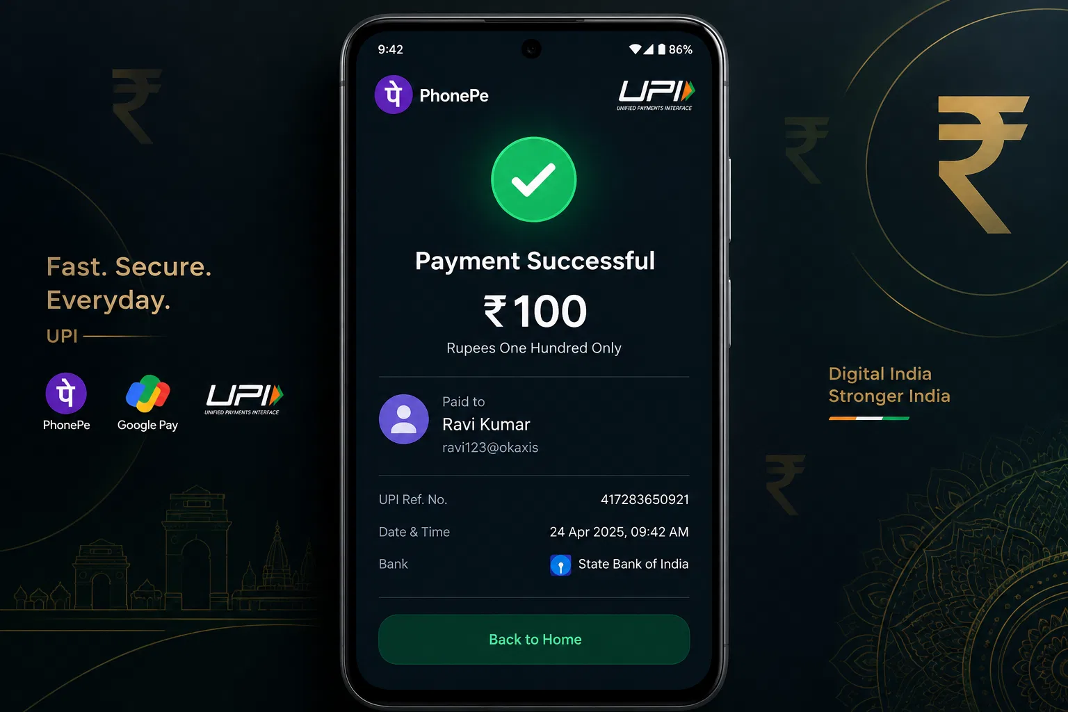 UPI payment confirmation of 100 rupees for Casino ID account activation