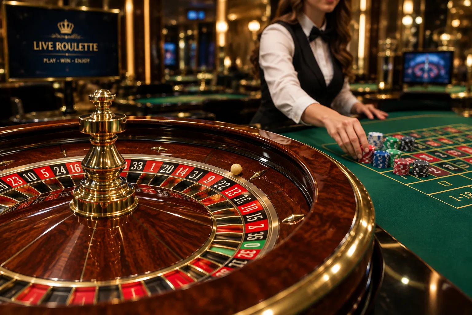 Overhead view of spinning luxury European Roulette wheel with silver ball in motion